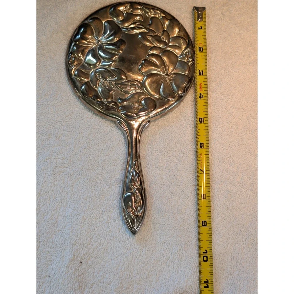 Vintage Antique Art Nouveau Silver Hand Mirror Embossed Flowers  Tiffany ? Heavy